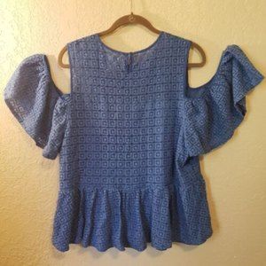 Masseys Women's Blue Crocheted Cold-Shoulder Ruffled Blouse Size 2X